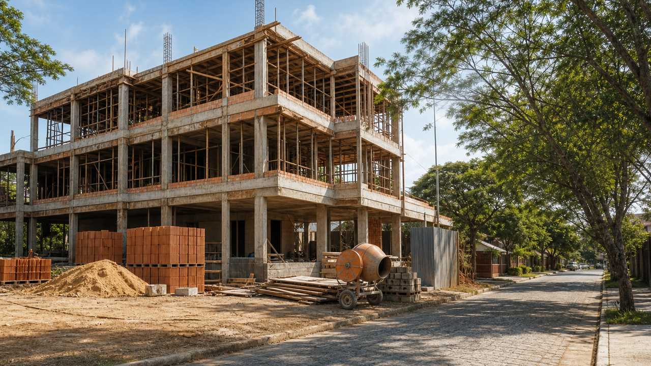 Prédio residencial baixo em obra em Viamão, com estrutura de concreto e andaimes